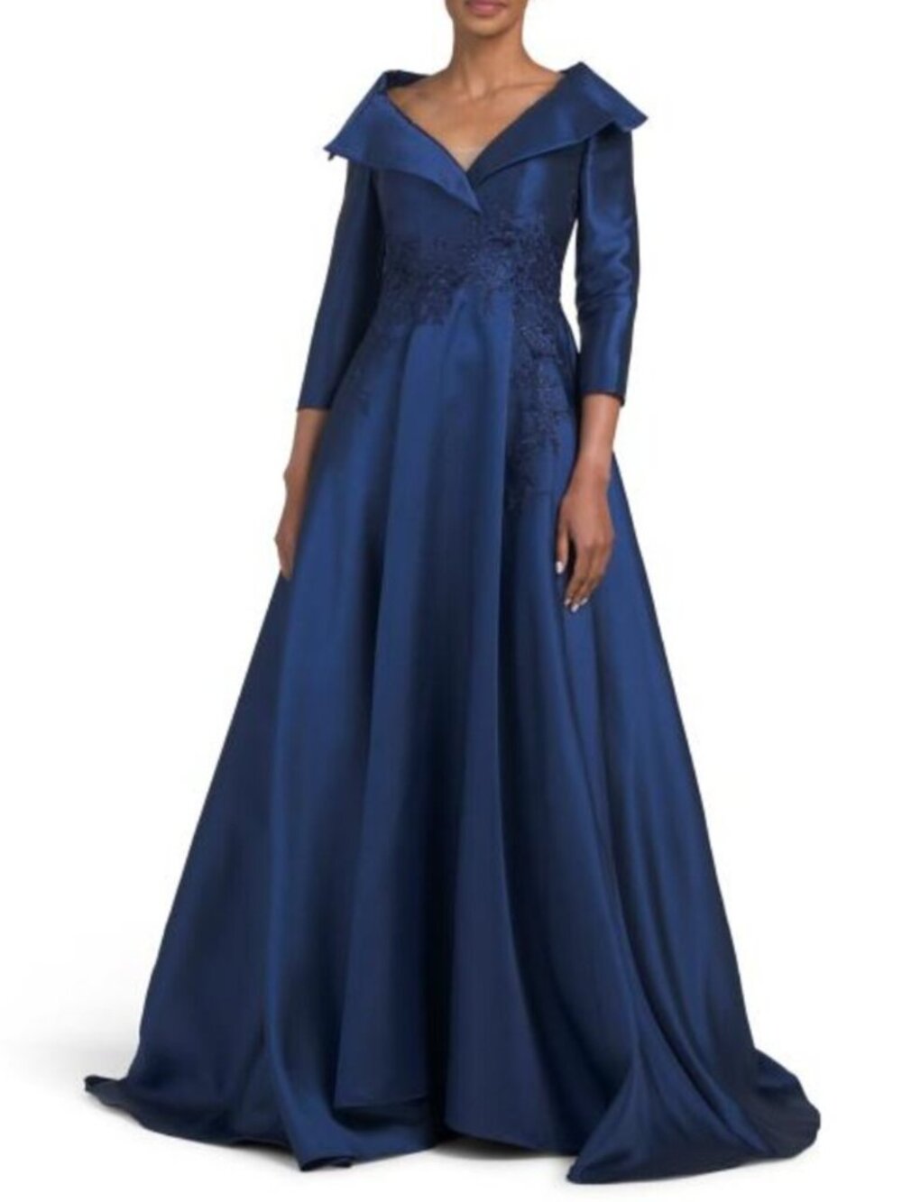 TERANI COUTURE Three-quarter Sleeve Mikado Embroidered Gown